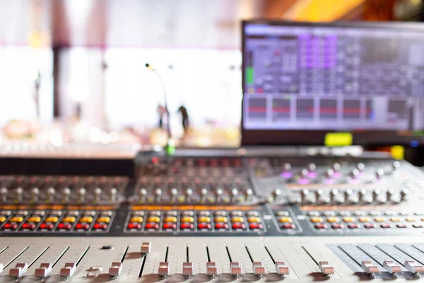 control Fader. Mixing console of light equipment operator at the concert. Sound recording studio mixing desk with engineer or music producer