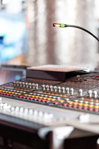 Mixing console of light equipment operator at the concert. Sound recording studio mixing desk with engineer or music producer — Stock Photo, Image