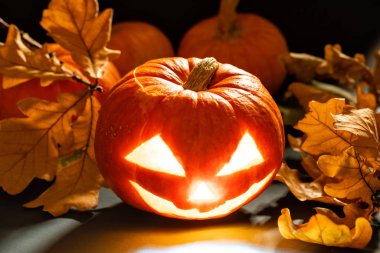 İçinde Halloween balkabağı hayalet fener mum yaktı. sonbahar yaprakları ile