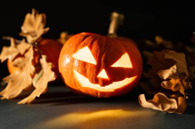 İçinde Halloween balkabağı hayalet fener mum yaktı. sonbahar yaprakları ile