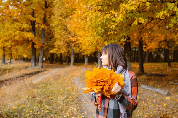 Portrait de jeune fille en plein air. Bouquet avec des feuilles jaunes dans les mains. Brunette femme dans le parc d'automne avec manteau à carreaux à la mode et écharpe . — Photo