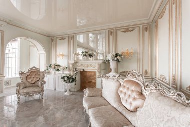 Konakta lüks ışık iç sabah. Lüks salon taş zeminler, şömine, kanepe ve sandalye ile parlak ve temiz iç tasarımı. Duvarlarda sıva