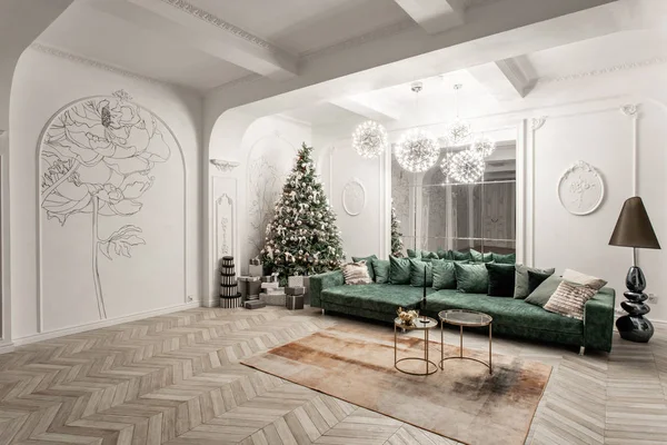 Christmas evening. classic luxurious apartments with decorated christmas tree. Living hall large mirror, green sofa, high windows, columns and stucco.
