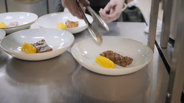 Primer plano Línea de platos platos. Grupo de chefs ocupados en la cocina comercial de restaurante de alta cocina. El personal de un restaurante o cocina del hotel cocina deliciosa comida, que está decorando los platos — Vídeos de Stock