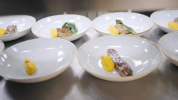 Closeup Linha de pratos pratos. Chefs de grupo ocupados na cozinha comercial do restaurante de jantar fino. Funcionários em um restaurante ou hotel cozinha cozinhar comida deliciosa, eles estão decorando os pratos — Vídeo de Stock