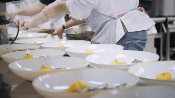 Closeup Line of plates dishes. Group chefs busy in commercial kitchen of fine dining restaurant. Staff in a restaurant or hotel kitchen cooking delicious food, they is decorating the dishes — Stock Video