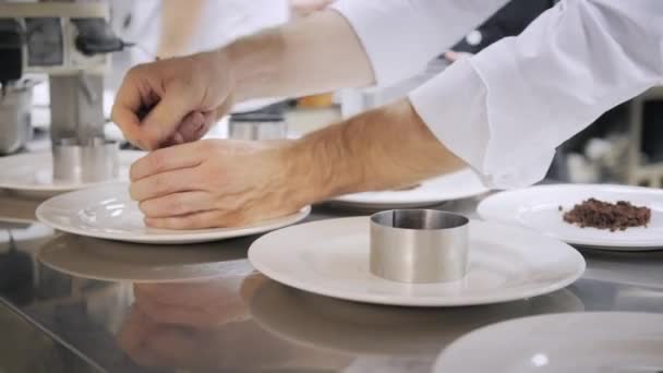 Primo piano Linea di piatti piatti. Cuochi di gruppo impegnati nella cucina commerciale del ristorante raffinato. Personale in un ristorante o in una cucina dell'hotel che cucina cibi deliziosi, decorano i piatti — Video Stock