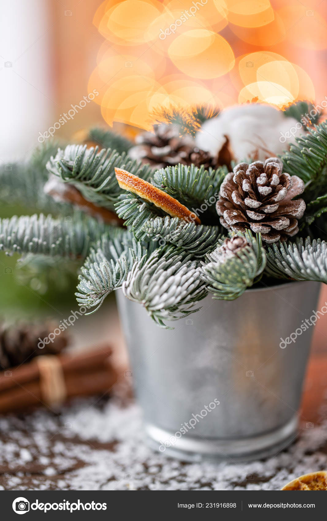 Christmas Arrangement With Norwegian Pine Nobilis And Decorated