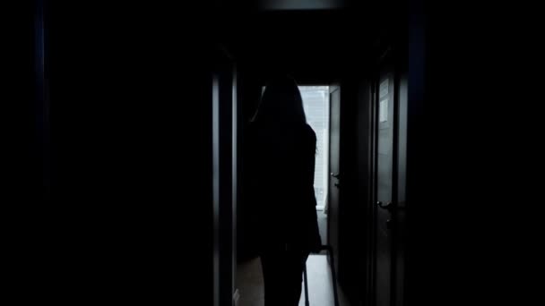 Νεαρή ξανθιά επιχειρηματίας φθάνει σε ένα δωμάτιο ξενοδοχείου με μαύρη βαλίτσα. Γυναίκα σε κόκκινο coral επαγγελματικό κοστούμι. Νεαρό κορίτσι μπαίνει στο δωμάτιο κρατώντας τη βαλίτσα από τη λαβή — Αρχείο Βίντεο