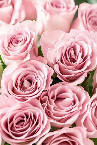Ροζ τριαντάφυλλα σε γυάλινα βάζα. Μάτσο παστέλ χρώμα. η έννοια του ένα ανθοπωλείο σε ένα ανθοπωλείο. Ταπετσαρία. — Φωτογραφία Αρχείου