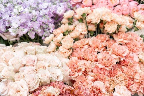Alfombra floral, textura floral, concepto de tienda. Hermosas flores frescas en flor rosas, rosas en aerosol, gillyflower lila y clavel. Flor de color pastel en jarrones y cubos. Vista superior . —  Fotos de Stock