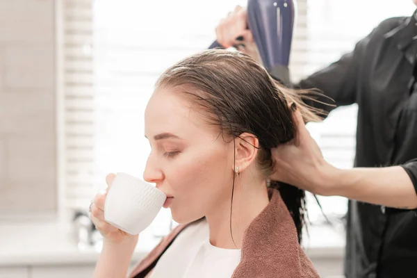 Mujer joven y peluquería con ventilador haciendo estilo caliente en el salón de belleza —  Fotos de Stock