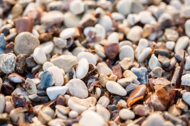 Sahildeki plaj taşlarını kapatın. Sahilde yaz gün doğumu, Korfu adası, Yunanistan. Sahil İyon denizi. Duvar kağıdı