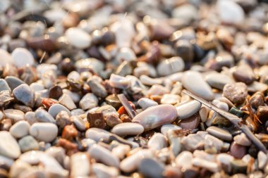 Sahildeki plaj taşlarını kapatın. Sahilde yaz gün doğumu, Korfu adası, Yunanistan. Sahil İyon denizi. Duvar kağıdı