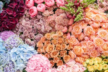 Çiçekli halı ya da duvar kağıdı. Çiçeklerin karışımı. Katalog ya da internet mağazası için güzel bir çiçek. Çiçek dükkanı ve teslimat konsepti. Üst Manzara. Boşluğu kopyala