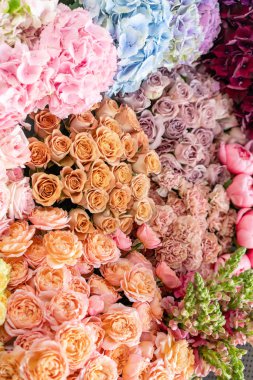 Çiçekli halı ya da duvar kağıdı. Çiçeklerin karışımı. Katalog ya da internet mağazası için güzel bir çiçek. Çiçek dükkanı ve teslimat konsepti. Üst Manzara. Boşluğu kopyala