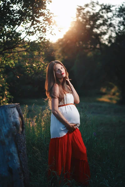 Giovane donna incinta nel parco all'aperto. Calma donna incinta nel terzo trimestre. Passeggiando nel giardino pubblico. Tramonto nella foresta — Foto Stock