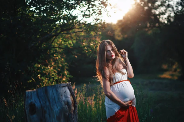 屋外の公園で若い妊娠中の女性。3学期で穏やかな妊娠中の女性。公共の庭で散歩。森の夕日 — ストック写真