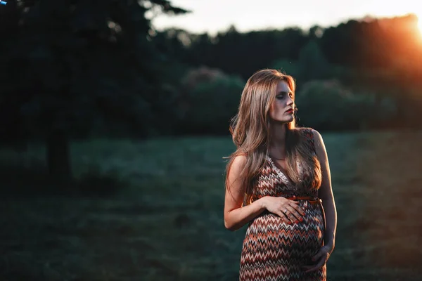 Parkta açık havada genç hamile kadın. Üçüncü trimesterde sakin hamile kadın. Halka açık bahçede yürüyüş. Ormanda günbatımı — Stok fotoğraf