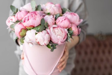 Kadın elinde pembe şakayık. Katalog veya online mağaza için güzel şakayık çiçek. Çiçek dükkanı konsepti . Güzel taze kesme buketi. Çiçek teslimatı