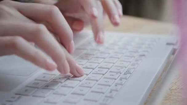 Jonge vrouw die typt op het toetsenbord, kletst, opgeblazen. Freelancer werkt aan netbook in moderne coworking. Succesvolle mensen, zakenman in een comfortabel café. Hoge grote ramen — Stockvideo