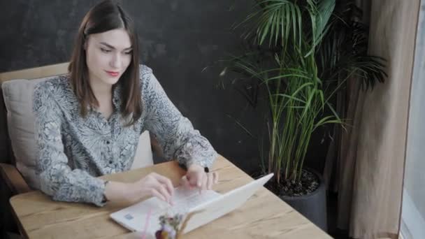 Jonge vrouw die typt op het toetsenbord, kletst, opgeblazen. Freelancer werkt aan netbook in moderne coworking. Succesvolle mensen, zakenman in een comfortabel café. Hoge grote ramen — Stockvideo