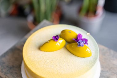 Sarı velour ile kaplı mus tatlısı. Modern Avrupa pastası. Tatlı tatlı ve çay partisi. Fransız mutfağı. Çiçekler teması. Kopyalama alanı