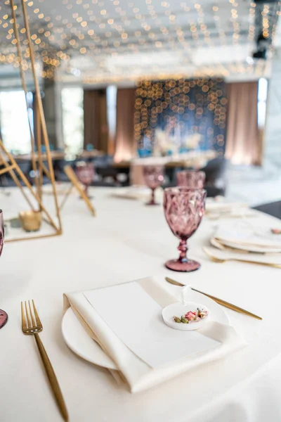 Wedding Banquet or gala dinner. The chairs and table for guests, served with cutlery and crockery. Covered with a pastel pink tablecloth runner. party lighted with garlands