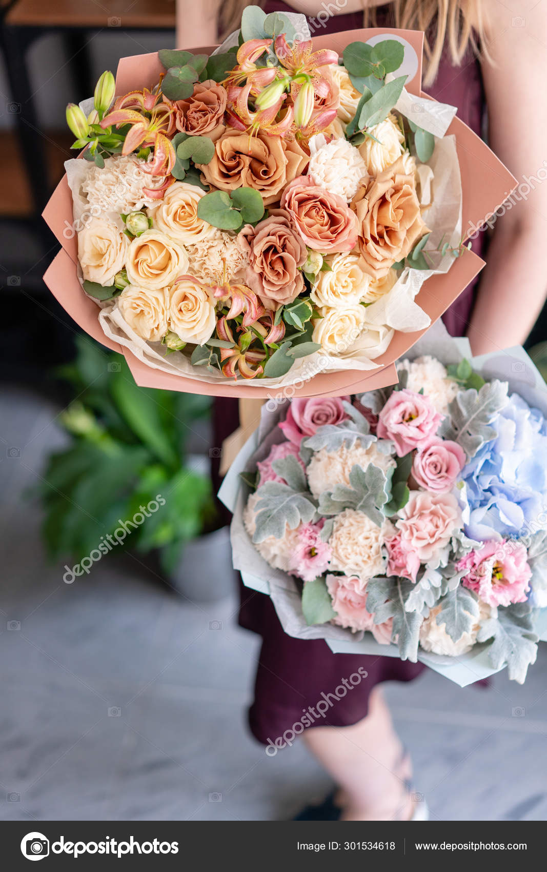 Two Small Beautiful Bouquets Of Mixed Flowers In Woman Floral Shop Concept  Beautiful Fresh Cut Flowers Stock Image Image Of Floral, Gardener:  148945709
