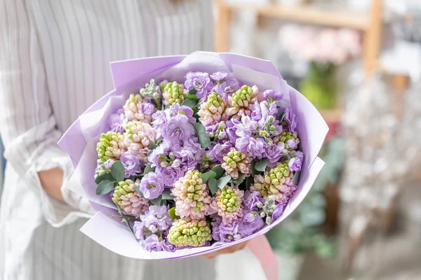 Bouquets of pink hyacinths and matthiola of lilac color in woman hand. Spring flowers from Dutch gardener. Concept of a florist in a flower shop. Wallpaper. — Stock Photo, Image