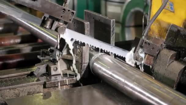 Η βιομηχανική μηχανή πριονίσματος κόβει τη ράβδο υλικού. Το πριόνι ταινία μηχάνημα κοπής ακατέργαστων μετάλλων ράβδους το με το ψυκτικό υγρό. — Αρχείο Βίντεο