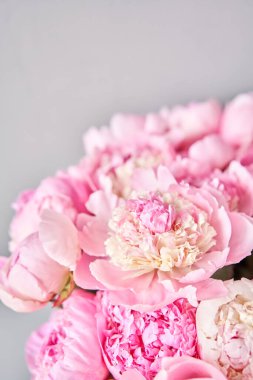 Metal vazoda pembe melek yanakları şakayıklar. Katalog ya da internet mağazası için güzel şakayık çiçekleri. Çiçek dükkanı konsepti. Taze kesilmiş güzel bir buket. Çiçek teslimatı