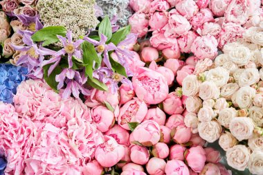 Çiçekli halı ya da duvar kağıdı. Çiçeklerin karışımı. Katalog ya da çevrimiçi mağaza için güzel çiçekler. Çiçek dükkanı ve teslimat konsepti. Üst Manzara. Boşluğu kopyala