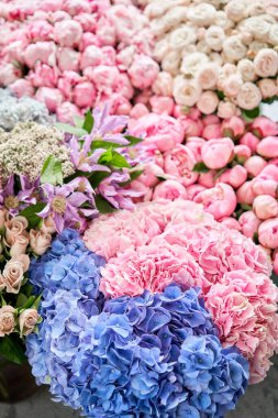 Çiçekli halı ya da duvar kağıdı. Çiçeklerin karışımı. Katalog ya da çevrimiçi mağaza için güzel çiçekler. Çiçek dükkanı ve teslimat konsepti. Üst Manzara. Boşluğu kopyala