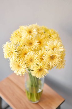 Güzel bir çiçek kompozisyonu. Cam vazoda güneşli sarı gerbera çiçeği başları. Çiçekçilik konsepti. Bahar renkleri