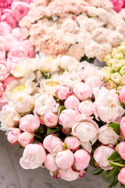 Çiçekli halı ya da duvar kağıdı. Çiçeklerin karışımı. Katalog ya da internet mağazası için güzel bir çiçek. Çiçek dükkanı ve teslimat konsepti. Üst Manzara. Boşluğu kopyala