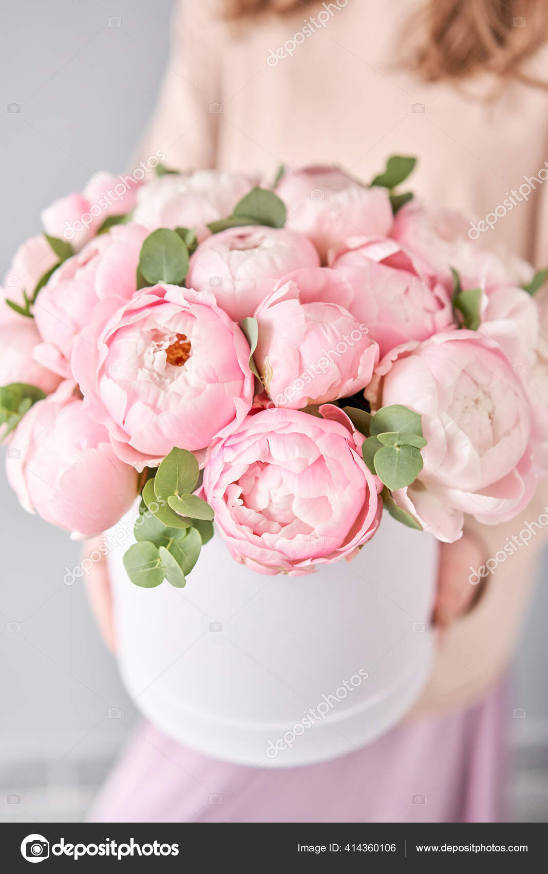 Round Box With Bouquet Of Pink Peonies In A Women Hand Beautiful Peony Flower For Catalog Or Online Store Floral Shop Concept Beautiful Fresh Cut Bouquet Flowers Delivery Stock Photo