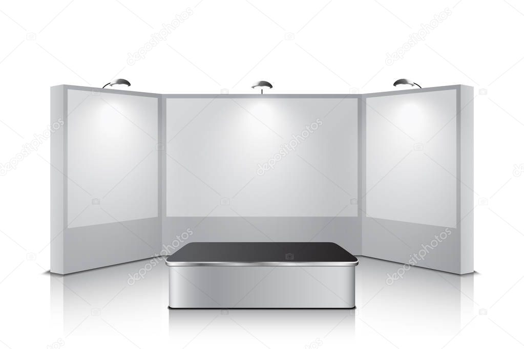 Exhibition panel and table design, expo stand, isolated on white