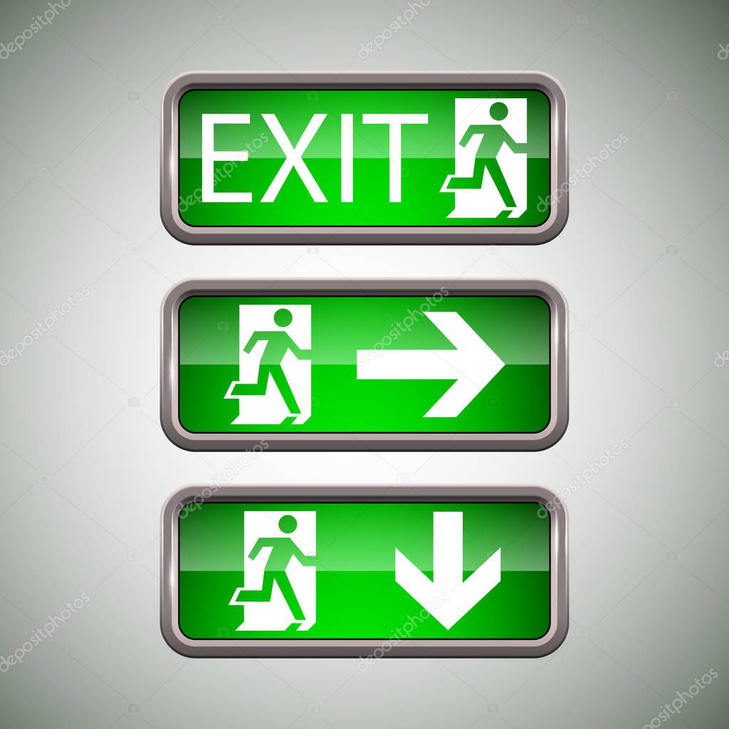 Set of emergency exit signs, realistic design, vector illustration