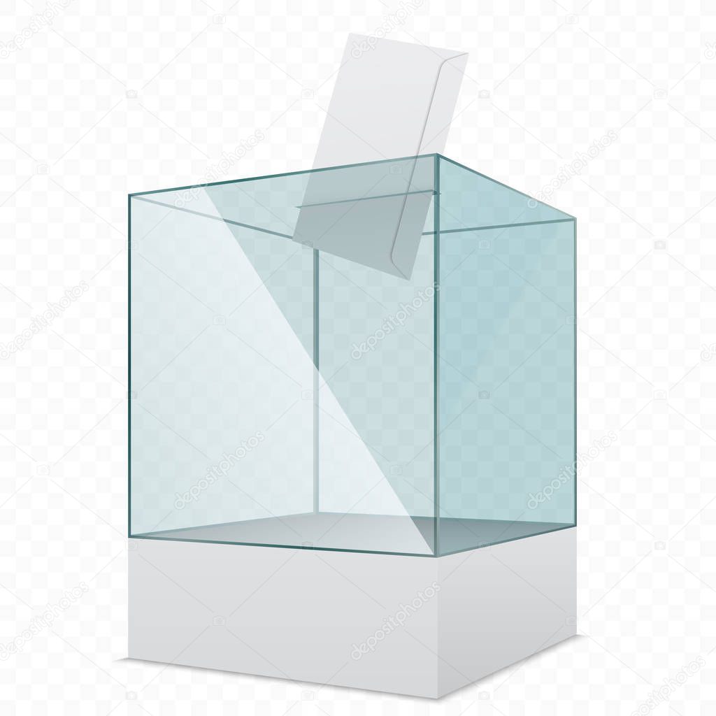 Transparent glass voting basket with envelope on simple background, vector illustration
