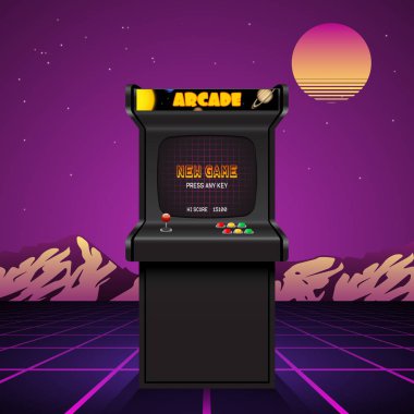Arcade makinesi ekranında, retro vektör arka plan