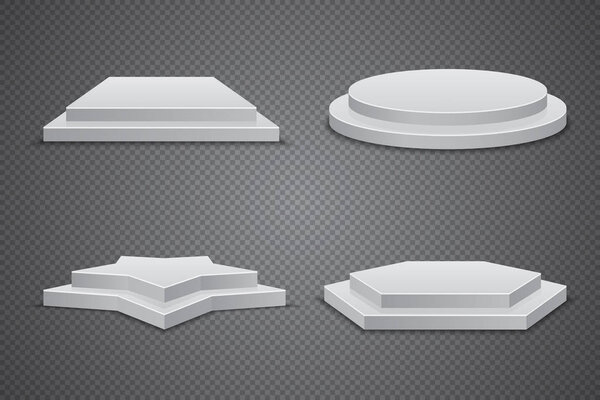 Set of white podiums of different shapes, vector pedestal template