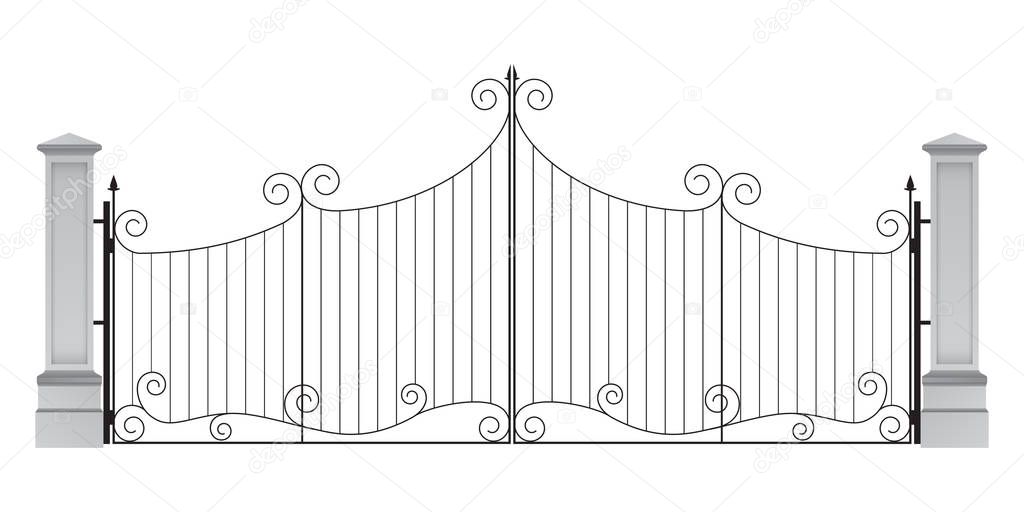 Wrought iron entrance gate with columns, vector illustration on plain background