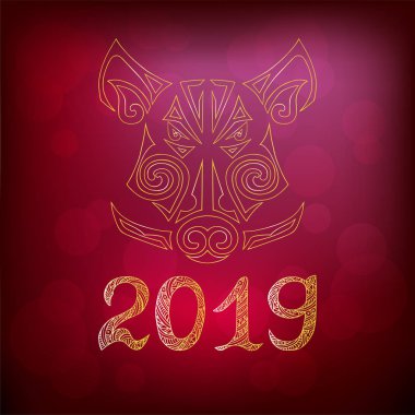 Domuz veya yaban domuzu kafa kırmızı zemin üzerine izole değil. Domuz simgesi Çin 2019 yeni yılın var. Vektör çizim. Domuz veya yaban domuzu kafası Maori yüz dövme stilize Dünün.