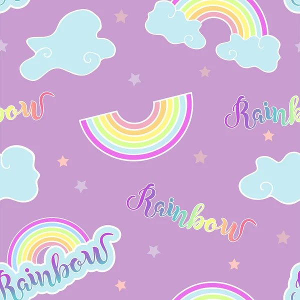 Rainbow Bulutlar Yazısı Yazı Rainbow Ile Seamless Modeli Vektör Çizim — Stok Vektör