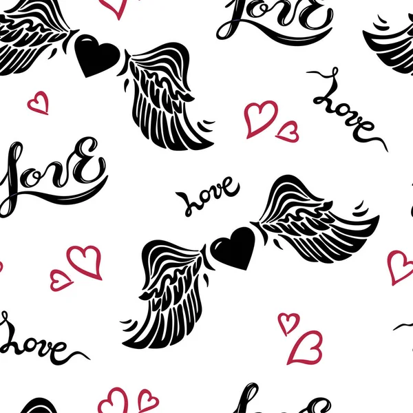 Seamless Pattern Wings Hearts Hendwritten Lettering Love Vector Illustration Textiles — Stock Vector