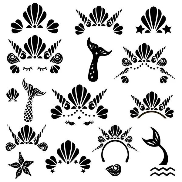 Meerjungfrau Symbole Mit Muscheln Kronen Schwänze Und Augen Vektorillustration — Stockvektor