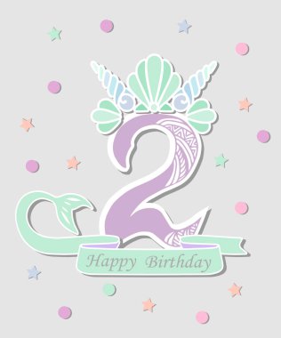 Vektör çizim ikincisi ile Mermaid kuyruk, kabuk Crown. Deniz kızı stil Doğum günü, yeni yıl eğlencesi daveti, tebrik kartı için şablon. Sevimli iki numara logo, yama, etiket olarak.