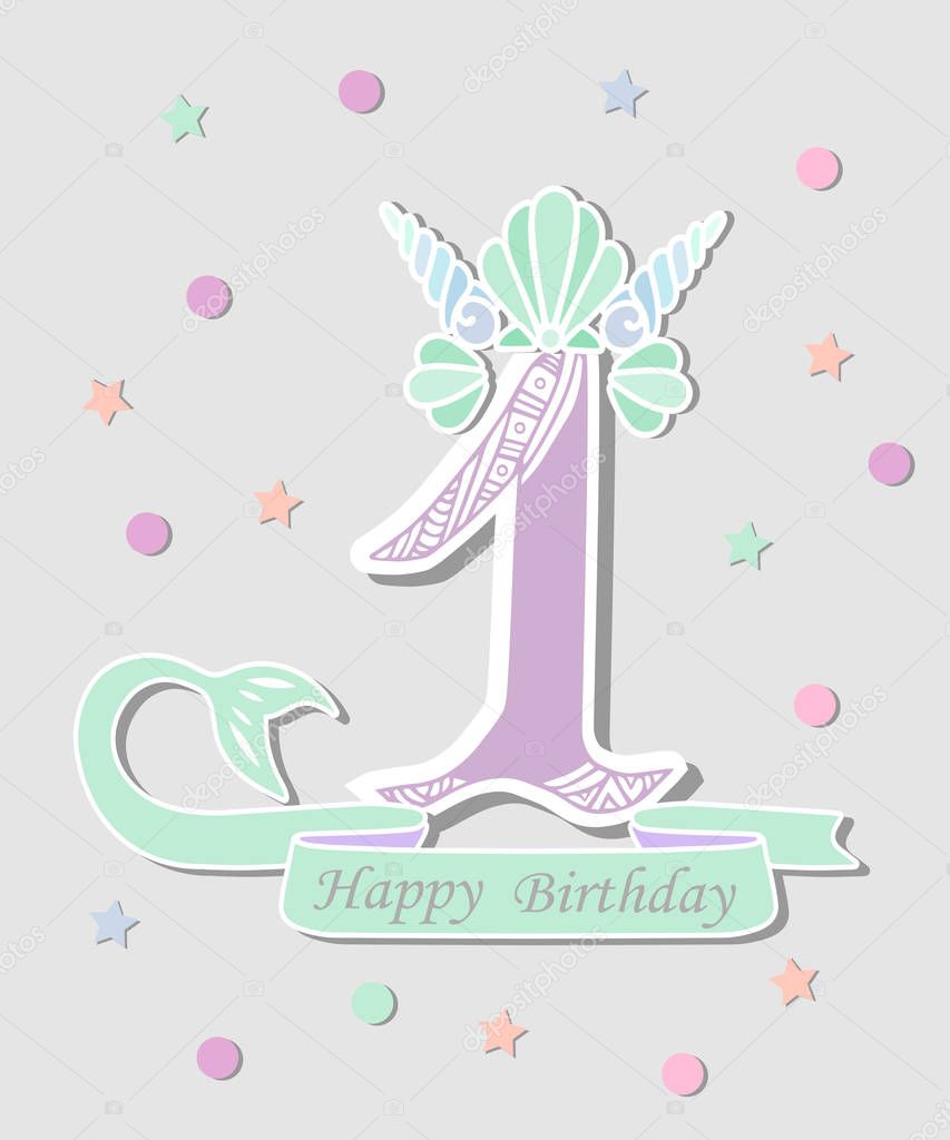 Vector illustration Number One with Mermaid tail, Shell Crown. Template for Mermaid style birthday, party invitation, greeting card. Cute Number One as logo, patch, sticker.