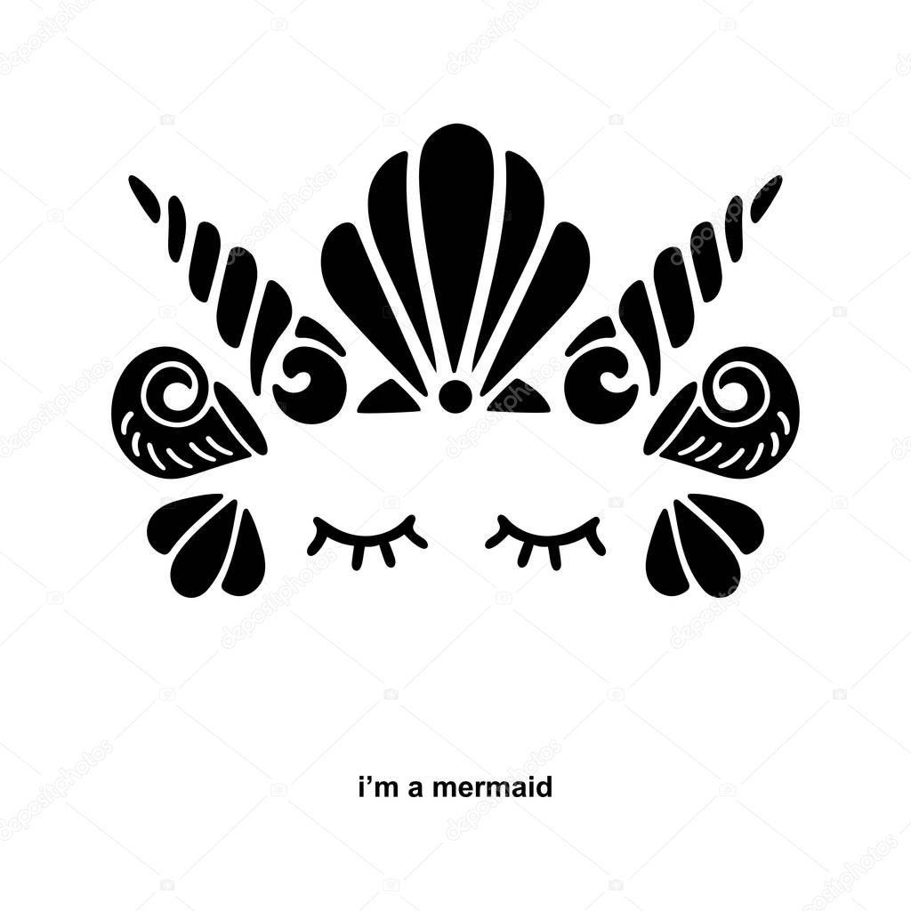 Cute template with Mermaid logo. Vector illustration. Mermaid crown with sleeping  eyes for invitation, birthday, greetings, party, baby shop, t-shirt design.